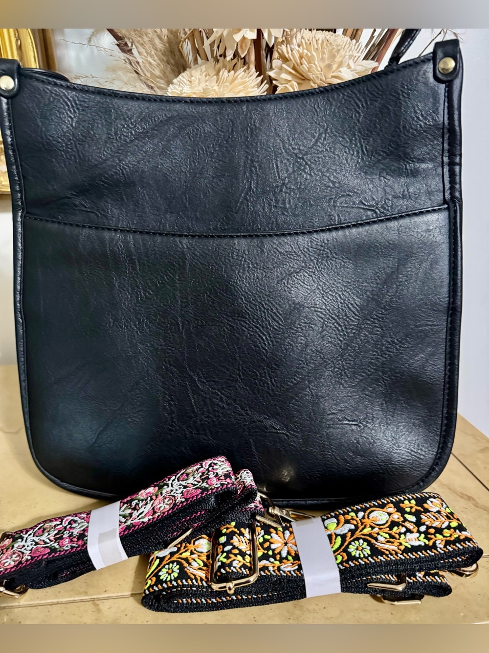 Black Faux Leather Crossbody Bag w/ 2 Interchangeable Decorative Straps  NEW